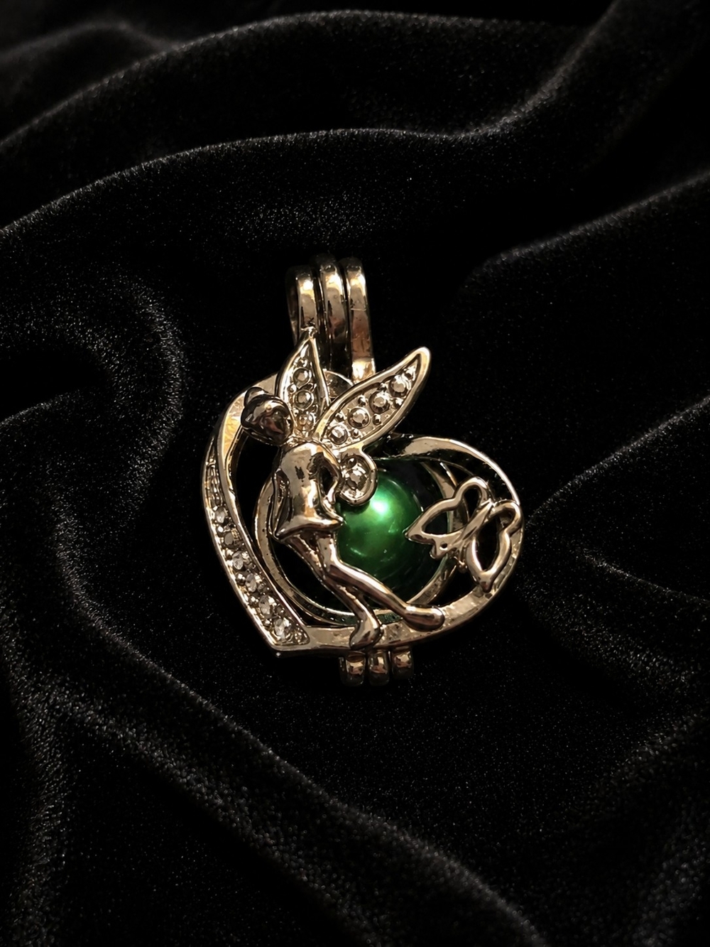 Tinkerbell Inspired Fairy Wish Pearl Cage Pendant Silver Tone Green Pearl Charm